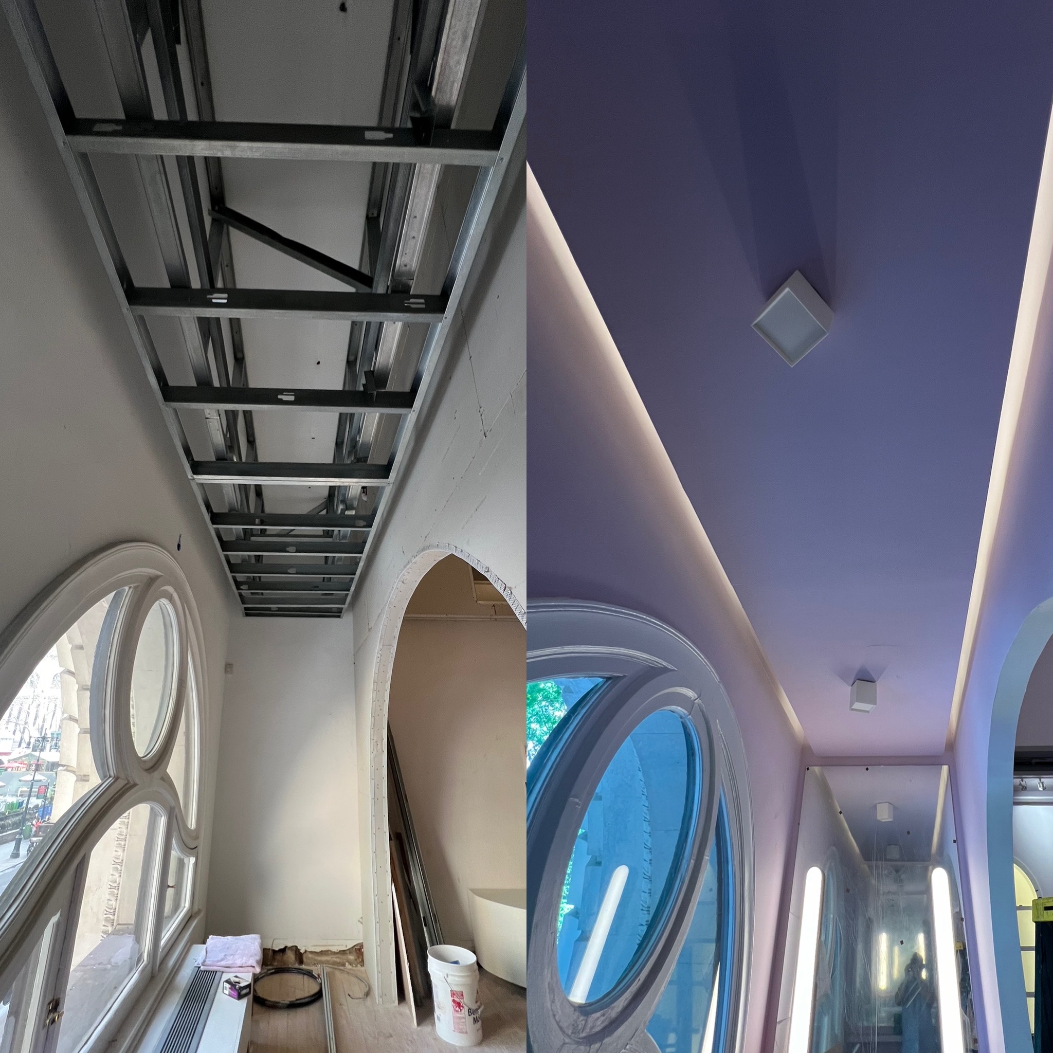 Before and after arched hallway ceiling lighting installation