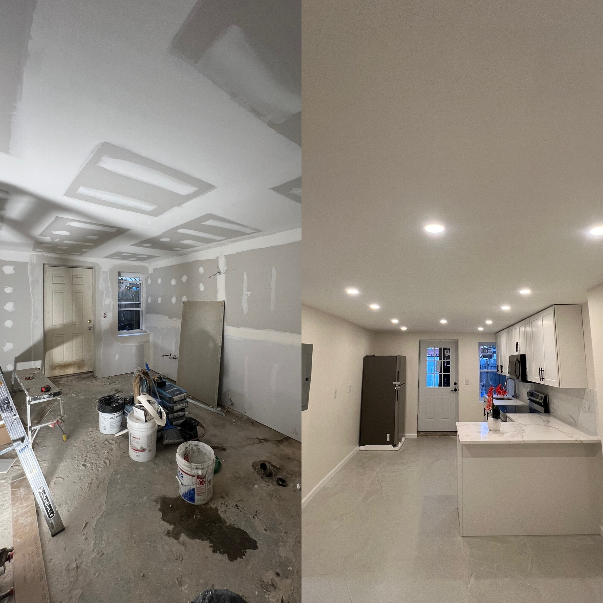 Before and after commercial interior remodel with recessed lighting