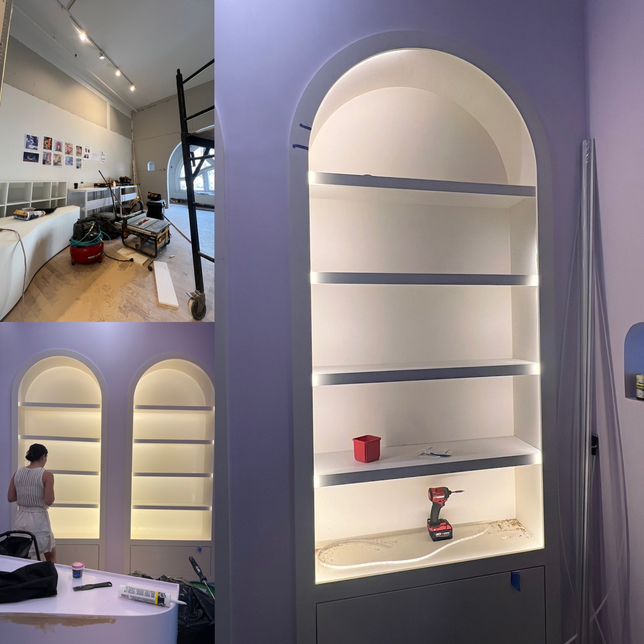 Before and after illuminated arched shelving installation